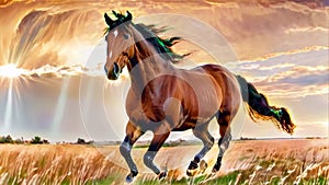 Galloping Horse in Golden Sunset