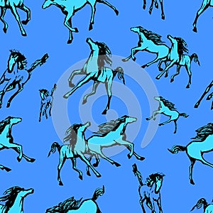 Galloping horses on blue background. Drawn seamless pattern. Silhouettes and linear figures of running horses of black and blue