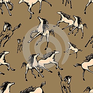 Galloping horses on brown background. Drawn seamless pattern. Silhouettes and linear figures of running horses of black and beige