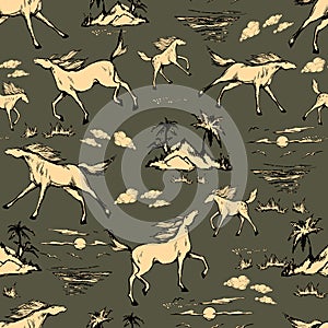 Galloping horses on brown, khaki background. Drawn seamless pattern. Silhouettes and linear figures of running horses of black and