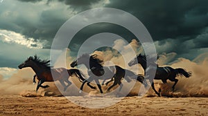 Galloping horses in a dramatic desert scene