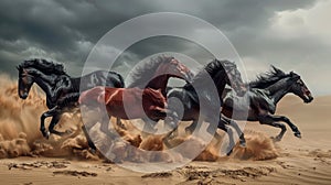 Galloping horses in a dramatic desert scene