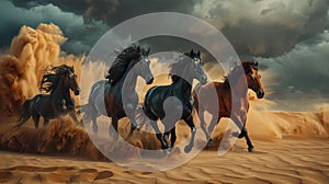 Galloping horses in a dramatic desert scene