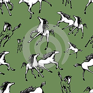 Galloping horses on green background. Drawn seamless pattern. Silhouettes and linear figures of running horses of black and white