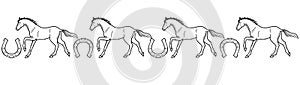 Galloping horses and horseshoes - linear, vector, seamless border for coloring. Seamless divider with horseshoes and galloping hor