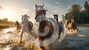 Galloping horses jumping over the river in freedom wild Generative AI Illustration