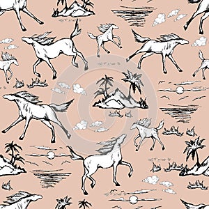 Galloping horses on light background. Drawn seamless pattern. Silhouettes and linear figures of running horses of black and white