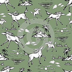 Galloping horses on light green background. Drawn seamless pattern. Silhouettes and linear figures of running horses of black and