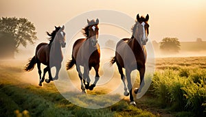 Galloping Horses in Morning Mist