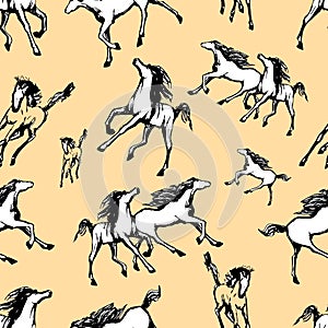 Galloping horses on yellow background. Drawn seamless pattern. Silhouettes and linear figures of running horses of black and white