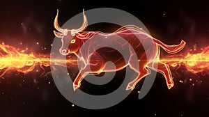 Galloping Neon Red Fire Bull, sparks fly from under the hooves, hight sky background, banner