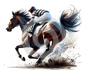Galloping race horse in racing competition. Jockey on racing horse. Sport. Champion. Hippodrome. Equestrian. Derby