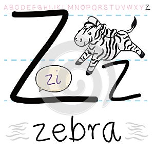 Galloping Striped Zebra ready for Alphabet Class, Vector Illustration