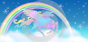 Galloping Unicorn Pegasus and rainbow in blue sky against the background of the fantasy universe with rainbow and sparkling stars