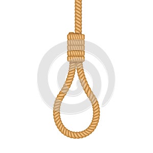 Gallows Rope loop hanging isolated on white background. Old rope with hangman`s noose. Vector