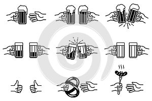 Galss Beer Hand Sausages Fork Pretzel Oktoberfest Icon Set