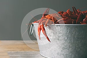 Galvanized steel bucket filled with boiled crawfish. Side view on wood table with copy space.