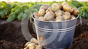 Galvanized steel bucket with freshly dug potatoes