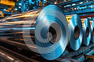 Galvanized Steel Coils in Industrial Warehouse. Industrial background