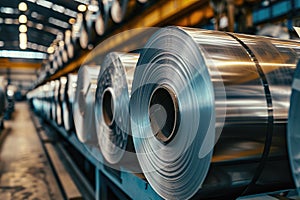Galvanized Steel Coils in Industrial Warehouse. Industrial background