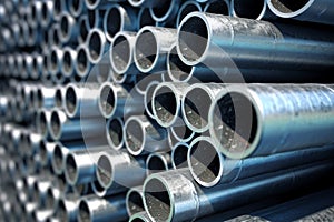 Galvanized steel pipe in stacks in a warehouse. Industrial building materials - aluminum alloy pipes. Generative AI