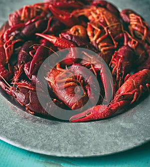 Galvanized steel platter filled with boiled crawfish. Close view, turquoise wood table with copy space.
