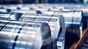 Galvanized steel rolls inside a factory or warehouse. Metallurgical production. Sheet metal for stamping. Selective focus