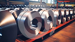 Galvanized steel rolls inside a factory or warehouse. Metallurgical production. Sheet metal for stamping. Selective focus