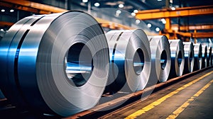 Galvanized steel rolls inside a factory or warehouse. Metallurgical production. Sheet metal for stamping. Selective focus