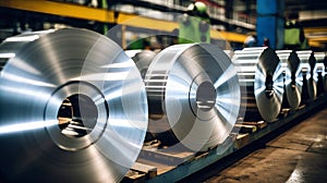 Galvanized steel rolls inside a factory or warehouse. Metallurgical production. Sheet metal for stamping. Selective focus