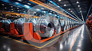 Galvanized steel sheet coils in a factory interior. Geerative AI