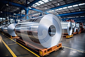 Galvanized Steel Sheet Rolls Stored in Factory or Warehouse. AI