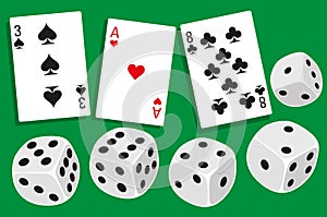 Gamble with dices rolling and different playing cards clubs, hearts and spades in background - illustration in simple clean design