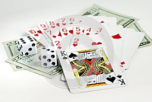 Gamble with playing cards and two dices