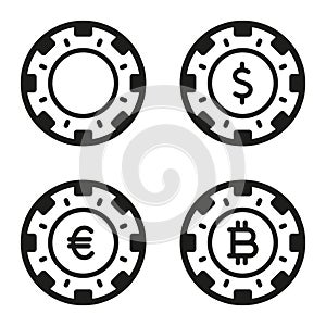 Gamble Poker Betting Chip Set Icon. Luck Dollar Euro Bitcion Glyph Pictogram. Casino Poker Money Currency Black