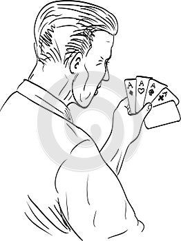 Gambler Holding Deck of Cards Rear View Drawing