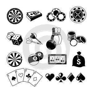 Gambling, card games, and different casino entertainments. Monochrome illustrations set. Vector silhouettes