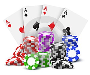 Gambling cards and stack or heap of poker chips