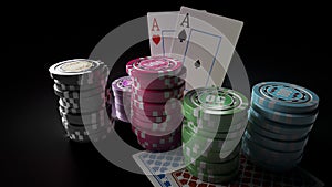 Gambling casino chips with playing cards on the dark background