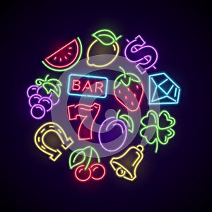 Gambling casino games neon logo with slot machine bright icons