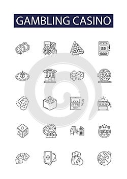 Gambling casino line vector icons and signs. Casino, Poker, Slots, Blackjack, Craps, Roulette, Baccarat, Bingo outline