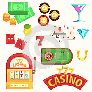Gambling And Casino Night Club Set Of Symbols, Including Cards, Dices , Roulette Table, Chips And Slot Machine