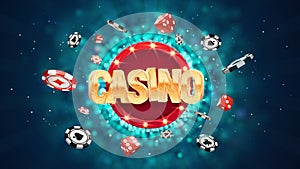 Gambling casino online leisure games vector illustration. Win in gamble game. Chips and dice exploding on dark blurred