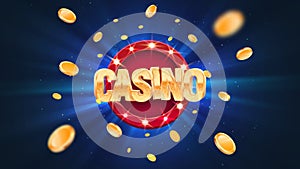 Gambling casino online leisure games vector illustration. Win in gamble game. Coins exploding on blue burst background