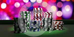 Gambling, Casino. Poker chips stack on green felt table 3d