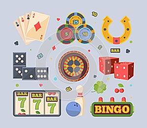 Gambling casino set. Three sevens bingo bowling red square dice roulette with bets dominoes yellow horseshoe of luck