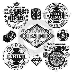 Gambling and casino vector black emblems, elements