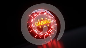 Gambling Chips in Diamonds Symbol Concept With Neon Lights - 3D Illustration