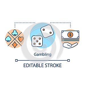Gambling concept icon. Games of chance idea thin line illustration. Casino. Betting, dices and card games playing