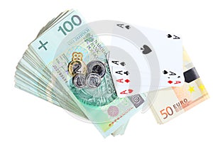 Gambling concept. Playing cards aces and money